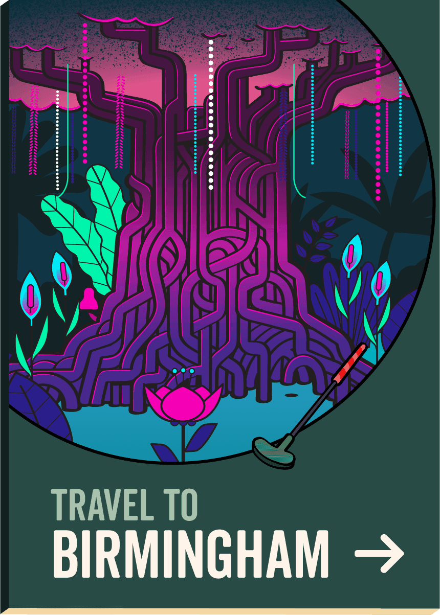 Signature illustration of the Mighty Oracle spirit tree, with glowing pink and purple roots and vines, tropical flowers and a mini golf club.