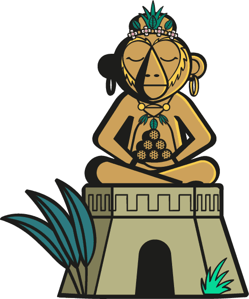 Signature illustration of Maybel the Monkey Queen spirit perched on her shrine in gold and orange with green accents. 